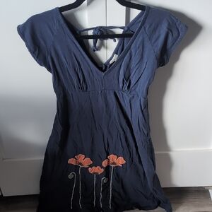 Synergy Organic Clothing Navy Midi Dress with Orange Floral Embroidery